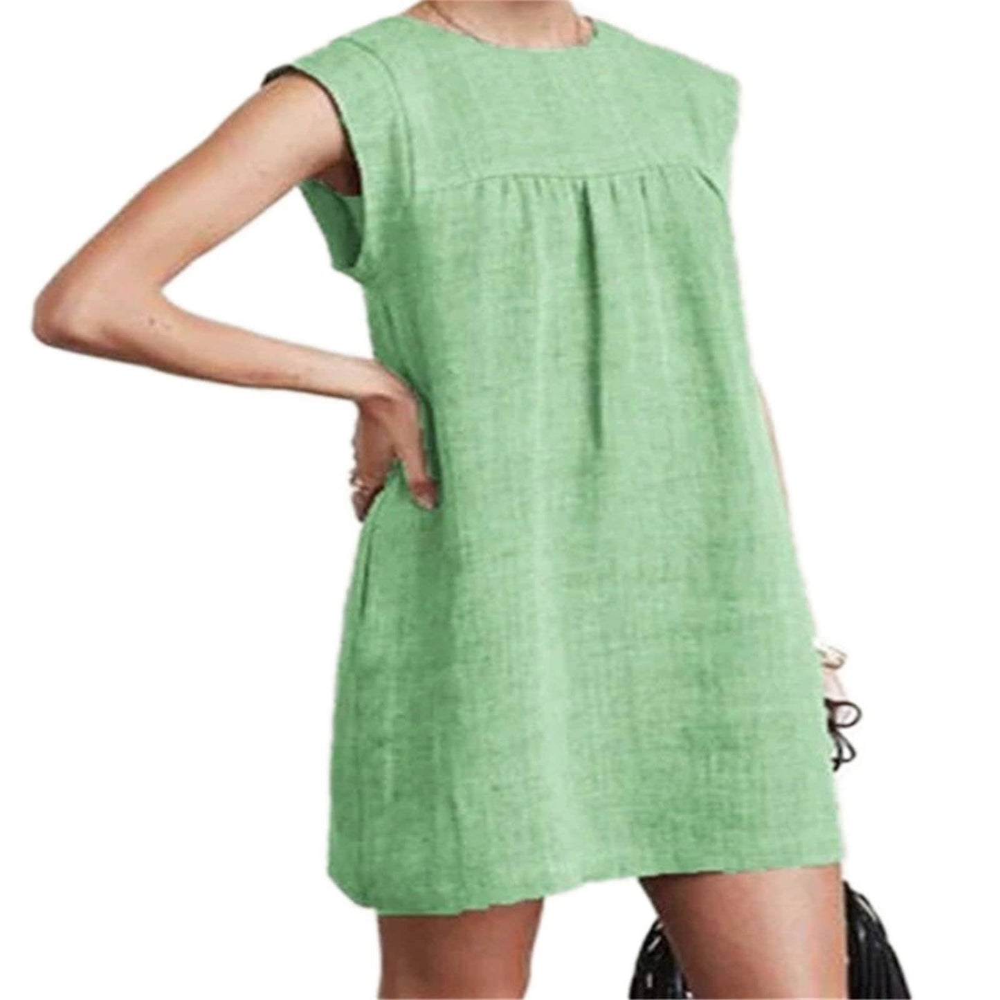 Loose solid color cotton and linen short dress