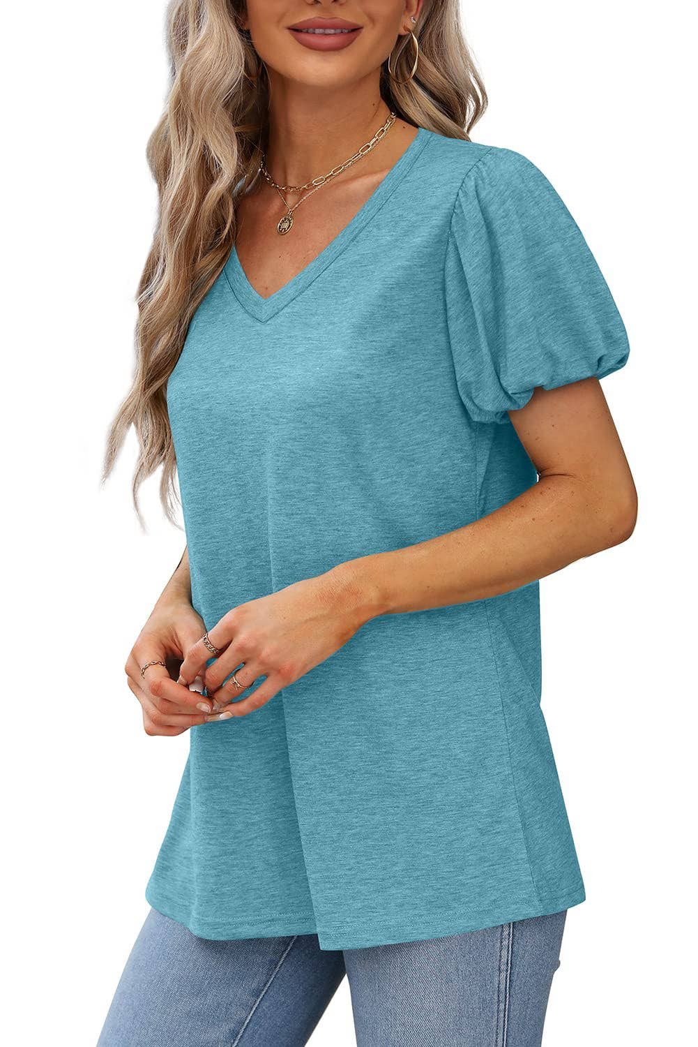 V-NECK LANTERN SLEEVE SOLID SHORT-SLEEVED TOP