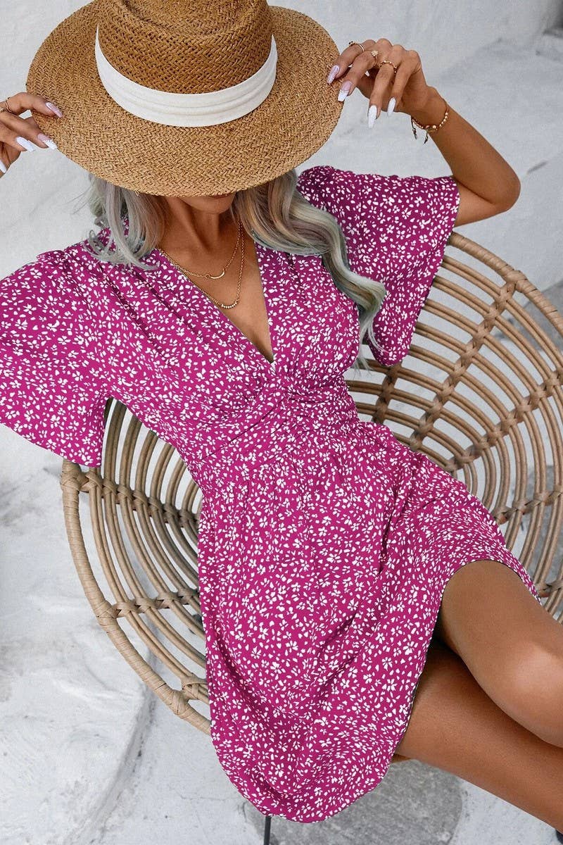 CWDSD7524_SUMMER V-NECK HIGH WAIST FLORAL PLEATED DRESS