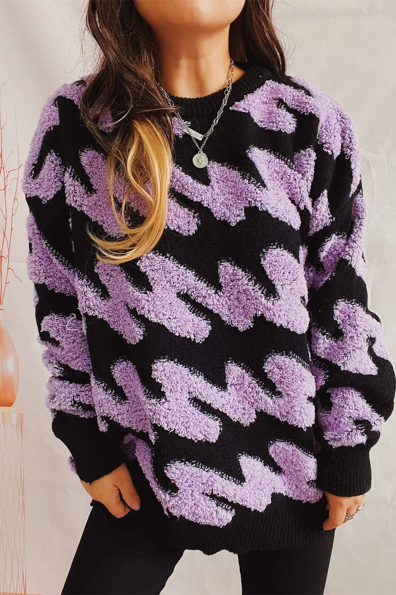 Long sleeve knit sweater with wavy stripes flocking