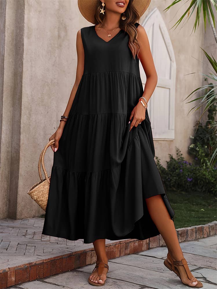 V-NECK TIERED PATCHWORK HEM LOOSE DRESS