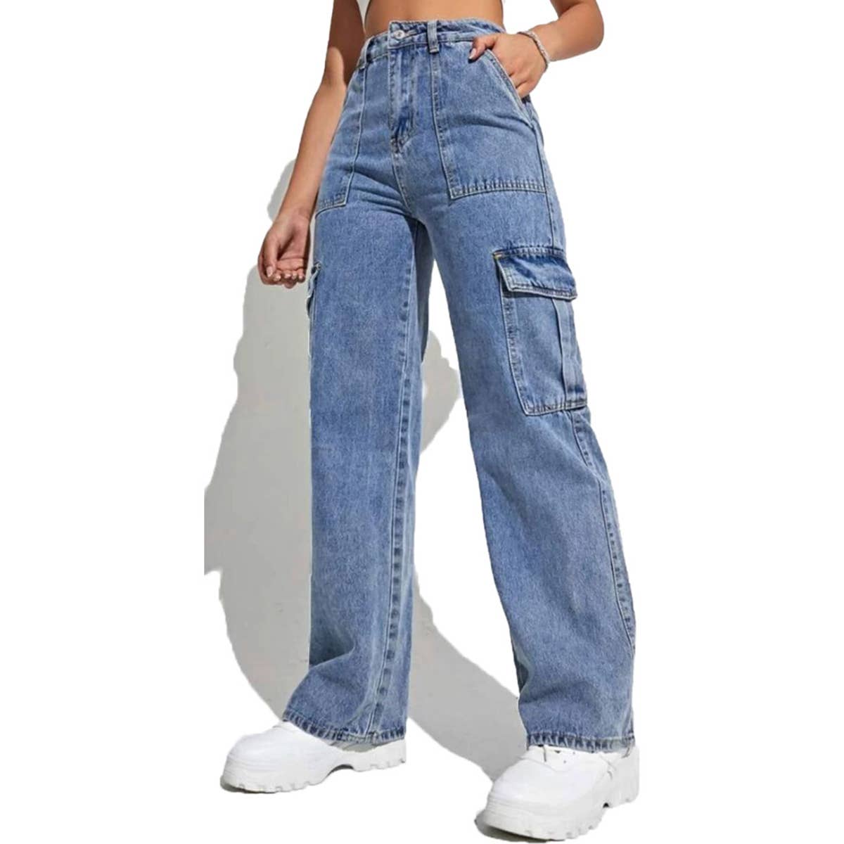 WOMEN'S CARGO MULTI-BAG STRAIGHT-LEG DENIM PANTS