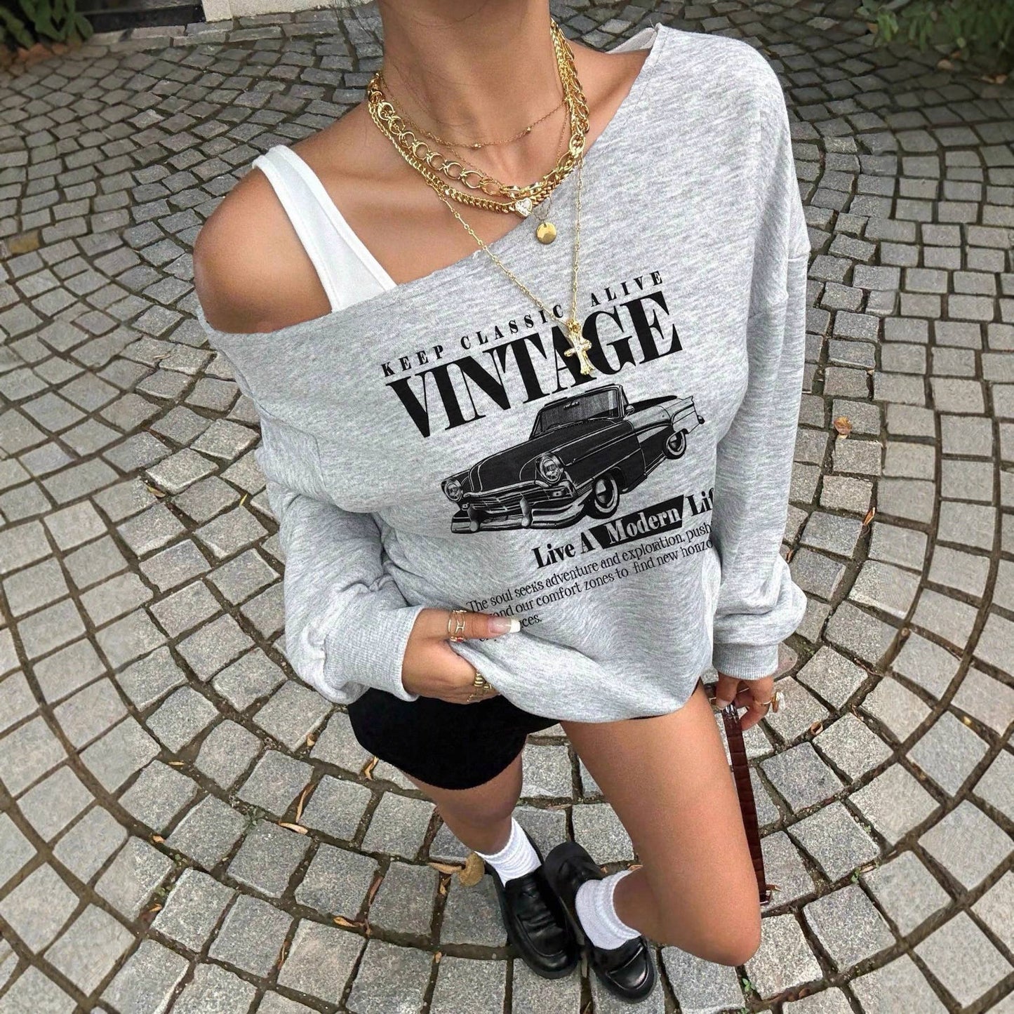 Letter-printed off-the-shoulder loose hoodie