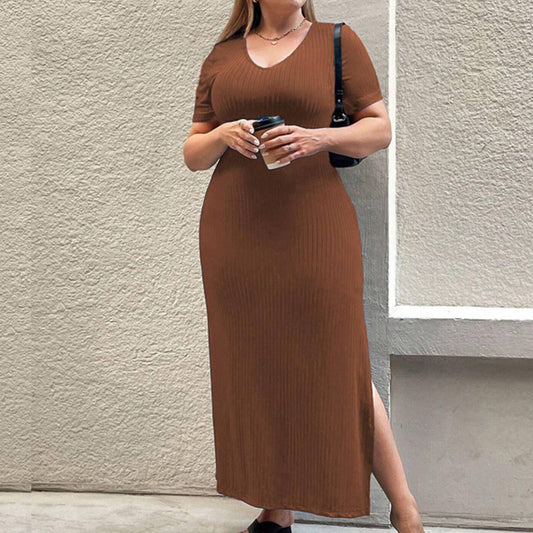 Elegant Waist-Slit Short Sleeve Bodycon Dress