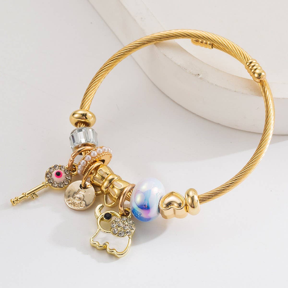 Trendy Elephant Key Letter Beaded Steel Bracelet