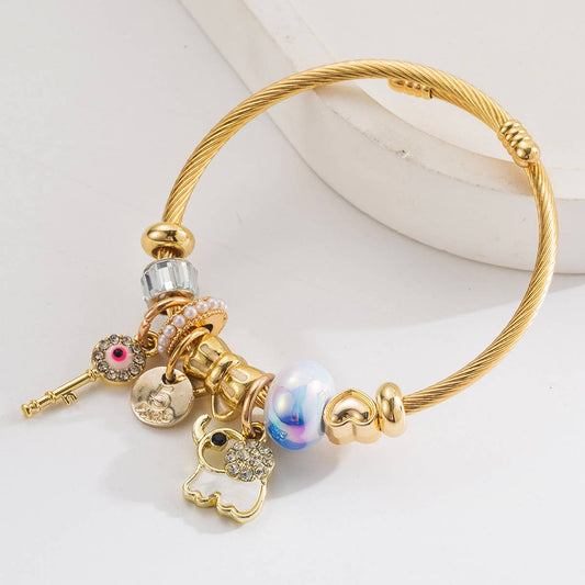 Trendy Elephant Key Letter Beaded Steel Bracelet
