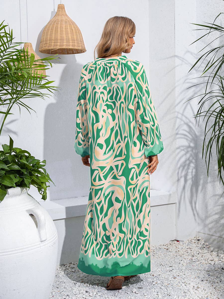 PULLOVER V-NECK PRINT LONG DRESS WITH BIG SWING