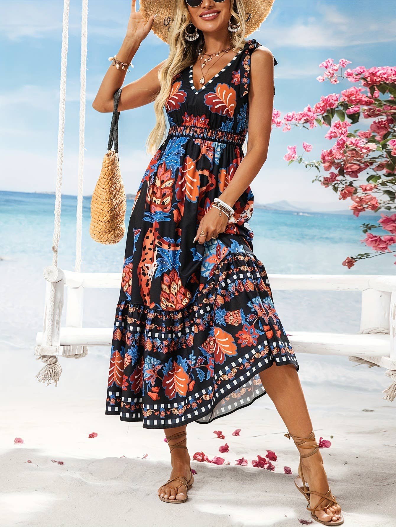 Loose V-neck short-sleeved printed casual dress