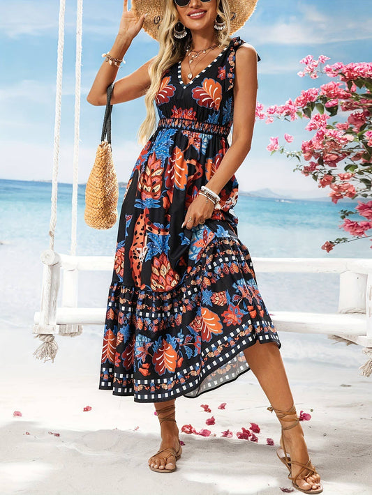 Loose V-neck short-sleeved printed casual dress