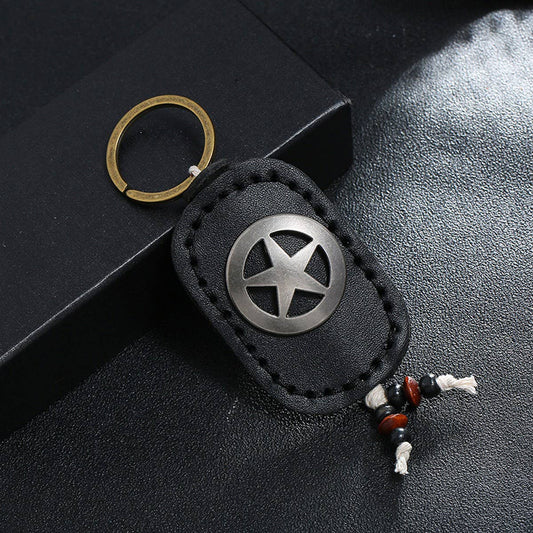 FIVE-POINTED STAR DOUBLE-LAYER COWHIDE KEYCHAIN