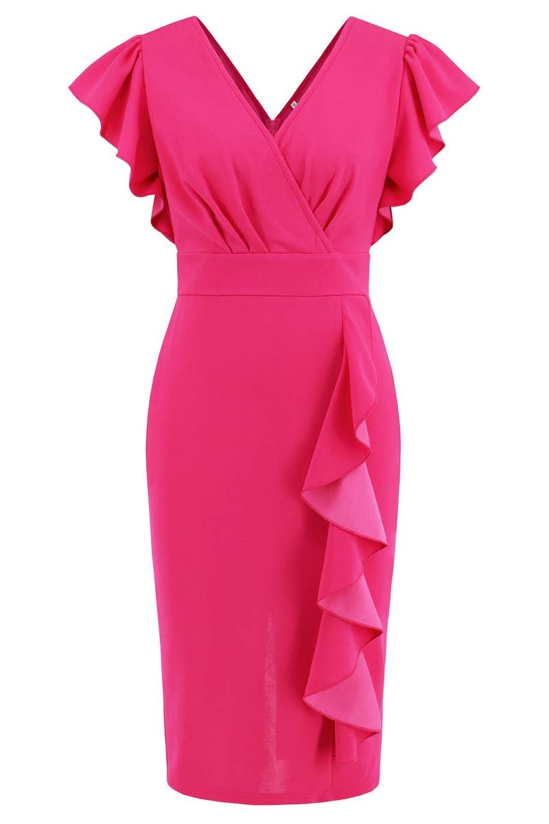 CWDMD2204_V-NECK RUFFLED TRIM TEMPERAMENT DRESS