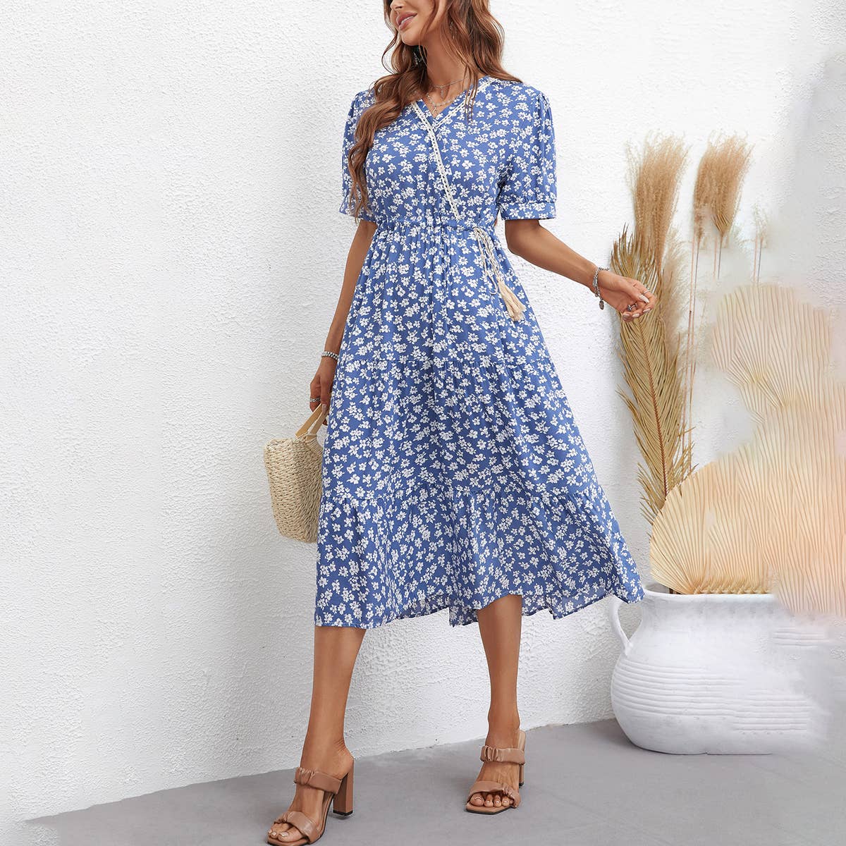 FASHION PRINT SLIM SHORT-SLEEVED DRESS