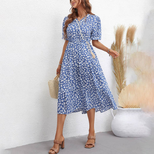 FASHION PRINT SLIM SHORT-SLEEVED DRESS