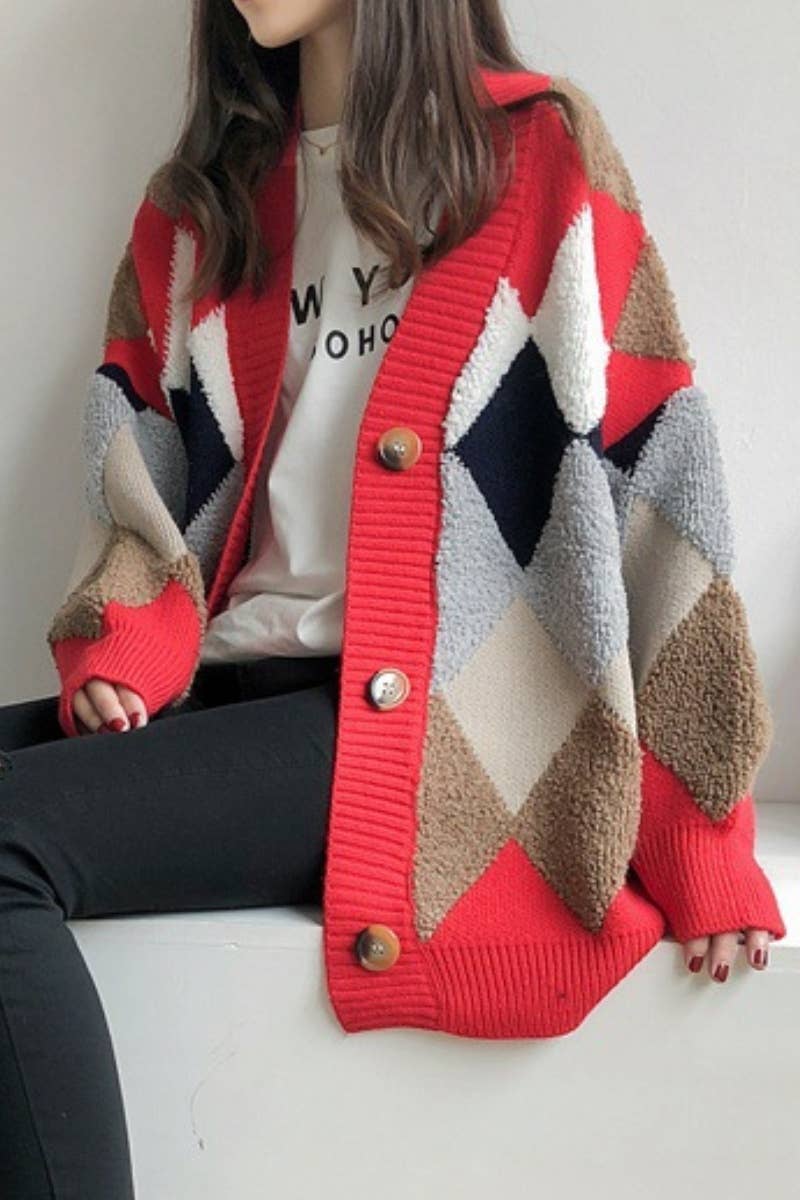 CWOCAL2179_KNITTED DIAMOND BUTTON LONG SLEEVE CARDIGAN