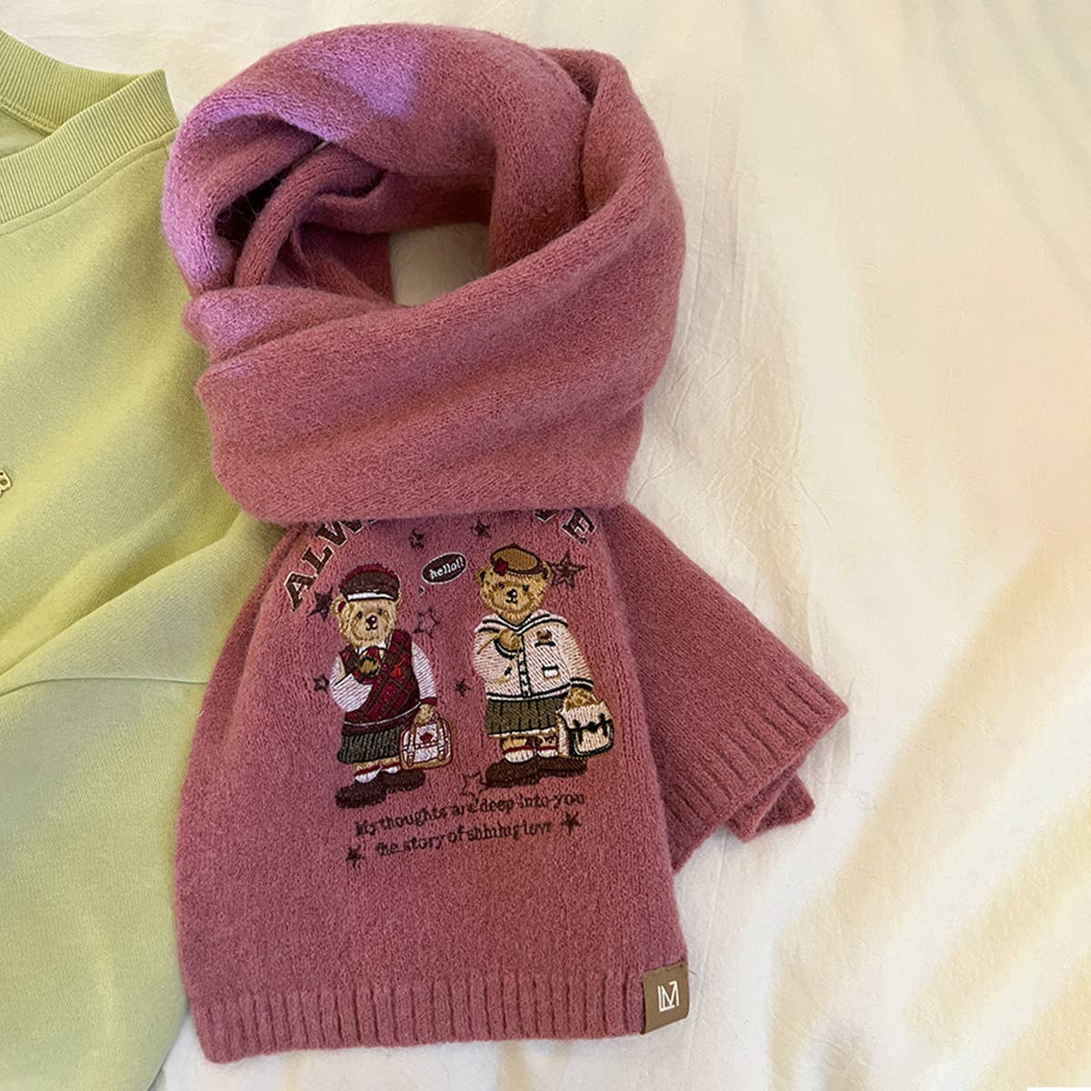 Bear embroidered knitted scarf for warmth and cozy_CWASC1497