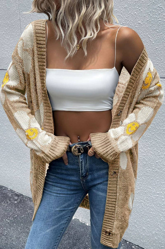 CWOCAL1119_FLORAL LONG SLEEVE MID-LENGTH KNITTED CARDIGAN