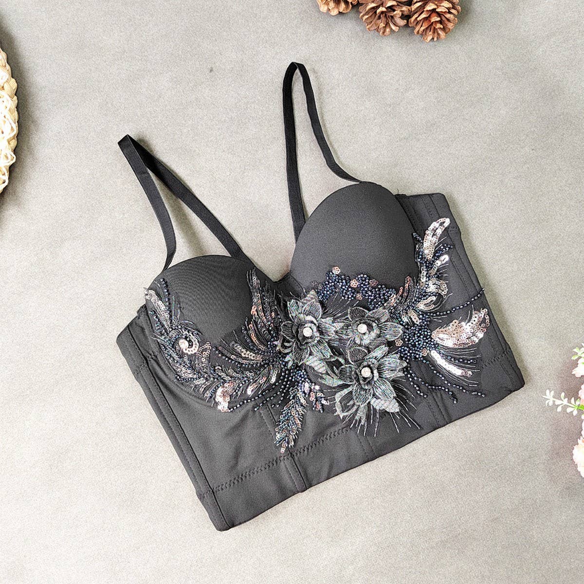 NEW EMBROIDERED FLOWER HERRINGBONE CORSET