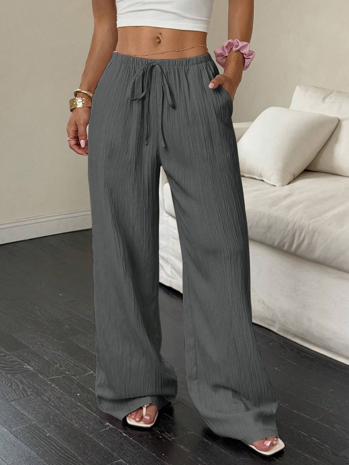 Solid-color textured drawstring wide-leg pants