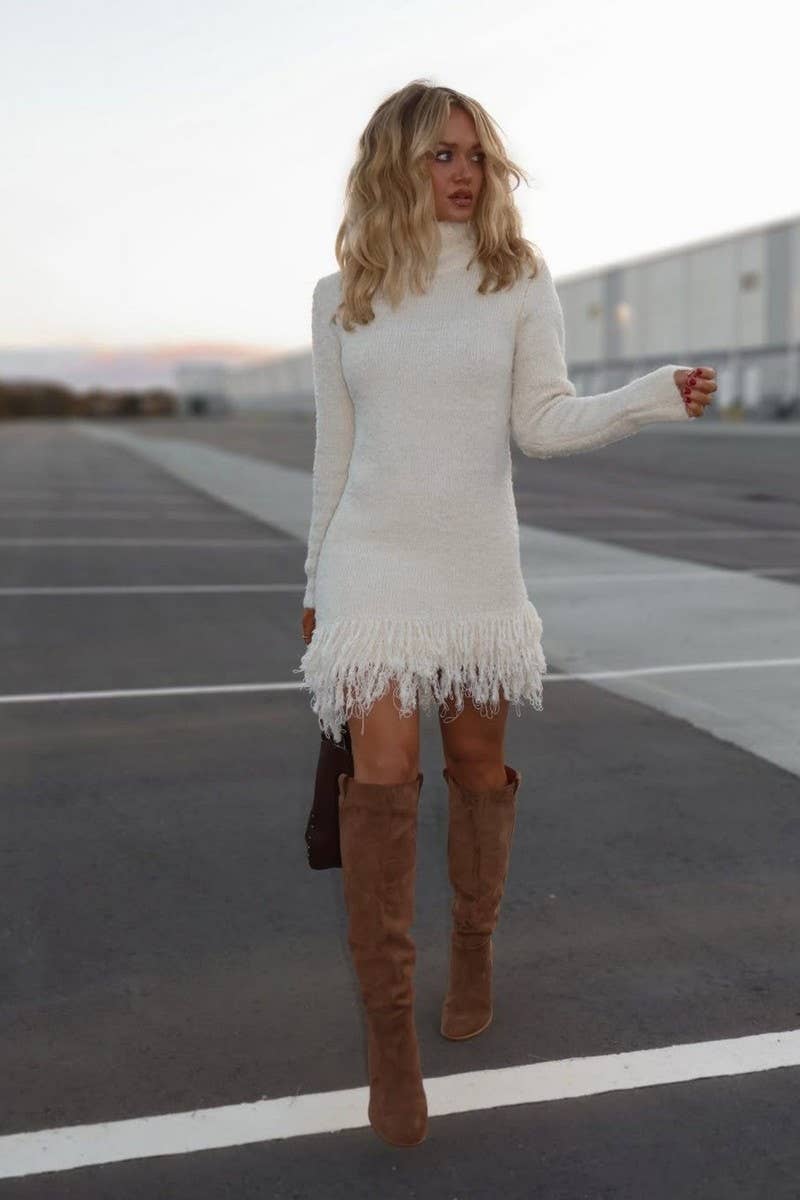CWDSD8952_FRINGE TURTLENECK KNIT SWEATER DRESS