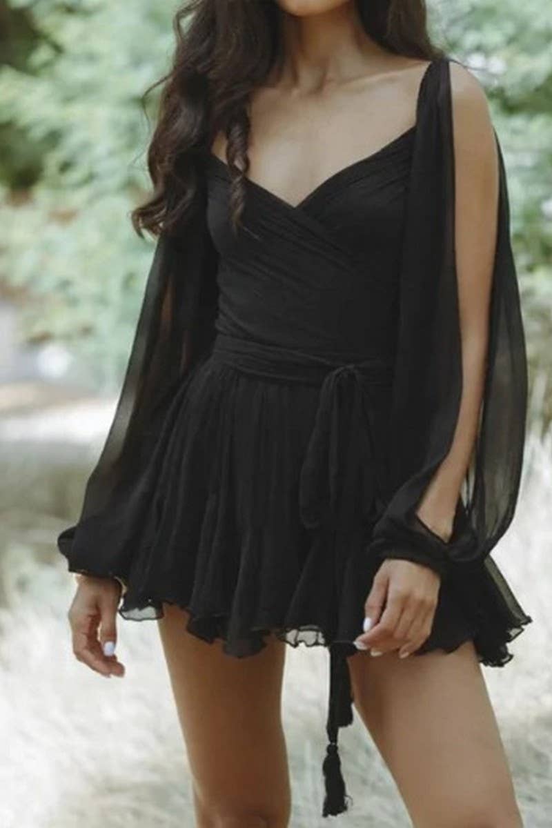 CWDSD6602_SOLID COLOR OFF-SHOULDER SLEEVES V-NECK DRESS