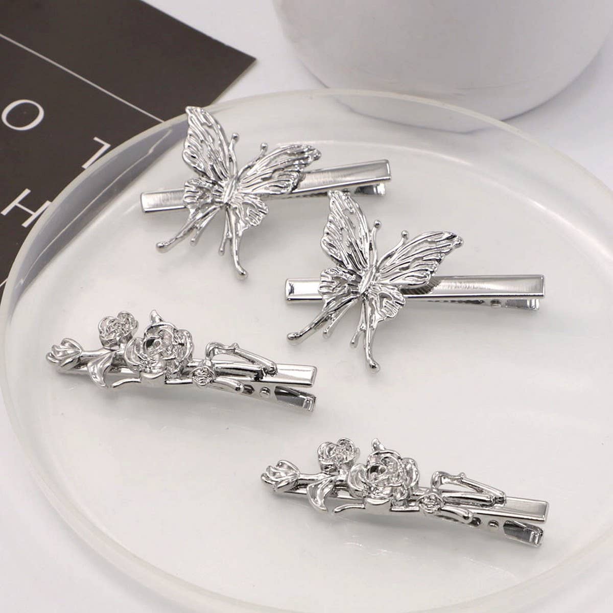 METAL ROSE HAIRPIN SIDE BANGS DUCKBILL CLIP