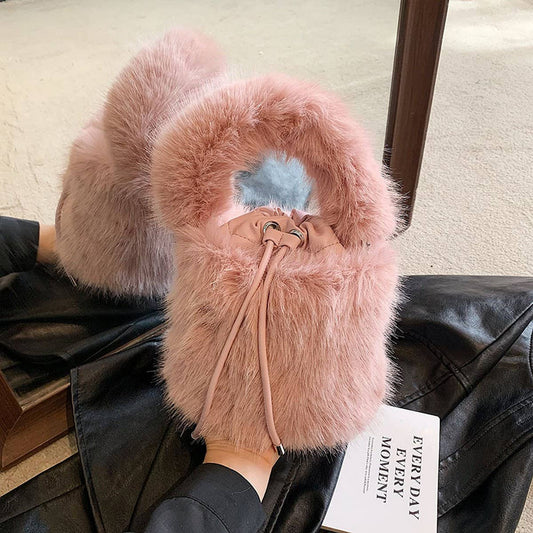 WINTER IMITATION FOX FUR HANDBAG PLUSH BUCKET BAG_CWAB3965