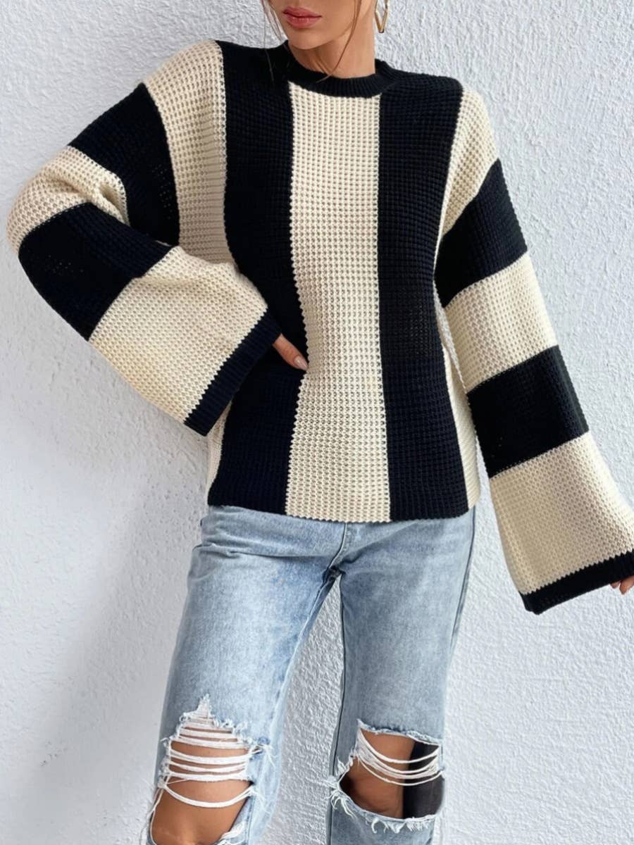 Striped casual sweater with flared sleeves