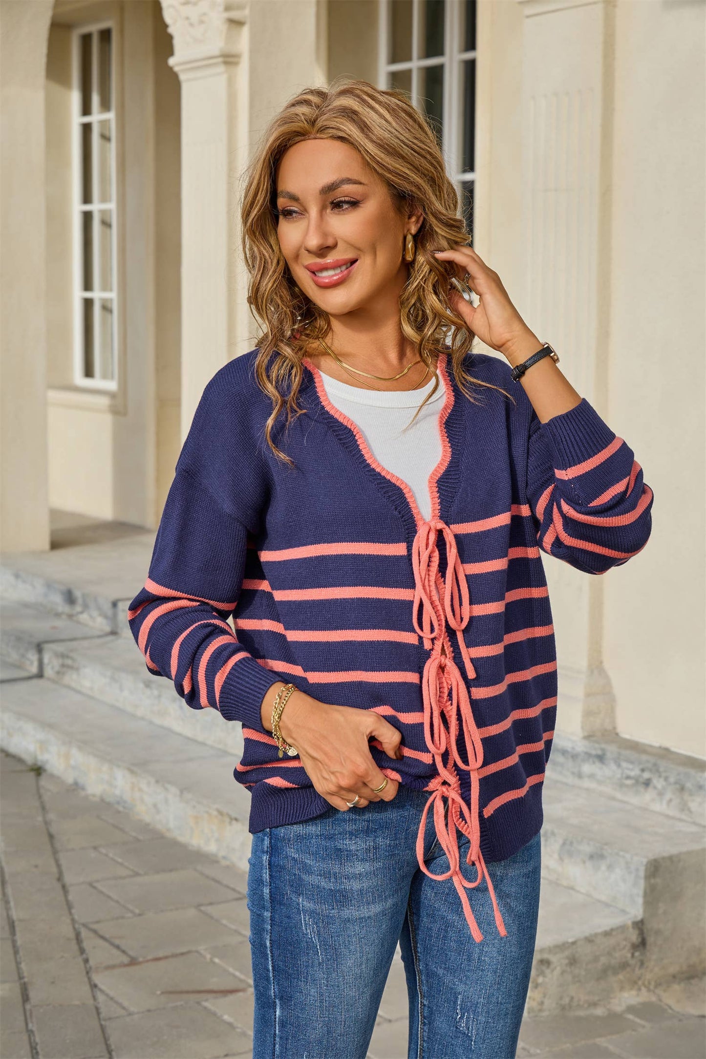 Striped color-blocked loose drawstring cardigan