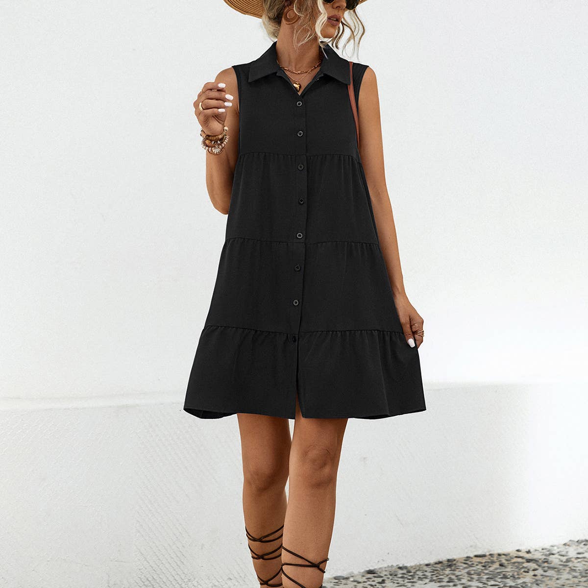 LAPEL PATCHWORK SLEEVELESS SOLID COLOR DRESS