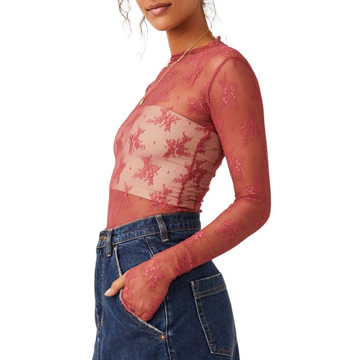 SEMI SHEER MESH LACE TOP BOTTOMING SHIRT