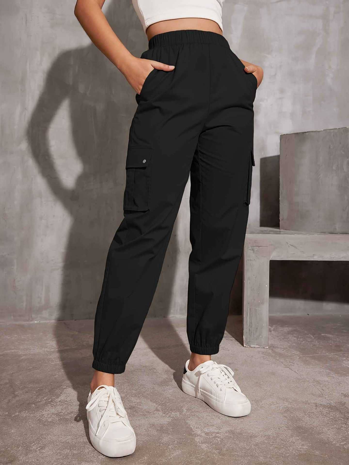 SOLID COLOR MULTI-POCKET CASUAL CARGO PANTS WOMAN
