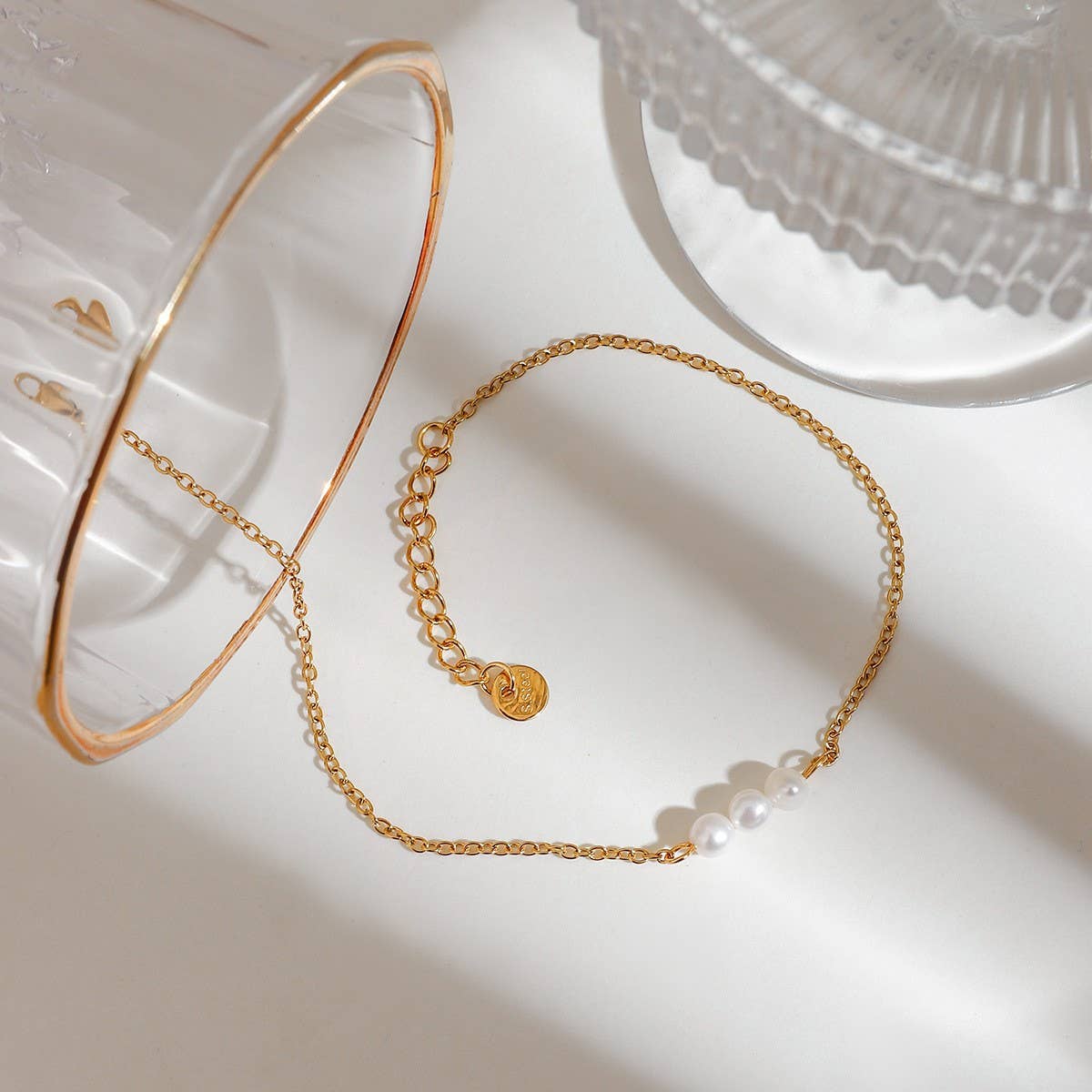 18K Gold Freshwater Pearl Anklet, Stainless Steel_CWAJE4751