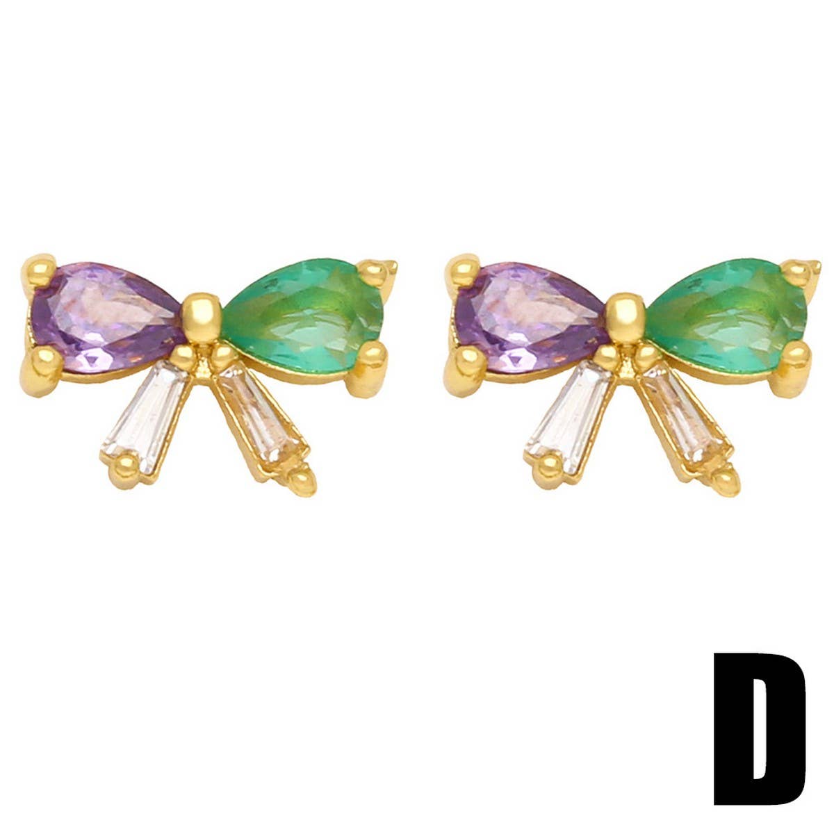 COLORED ZIRCON HEART BOW EARRINGS