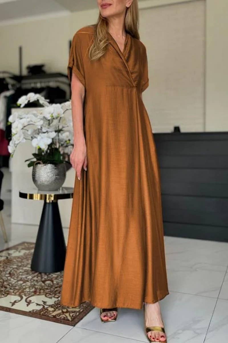 CWDMD4178_V_NECK SOLID COLOR SHORT SLEEVE LONG DRESS