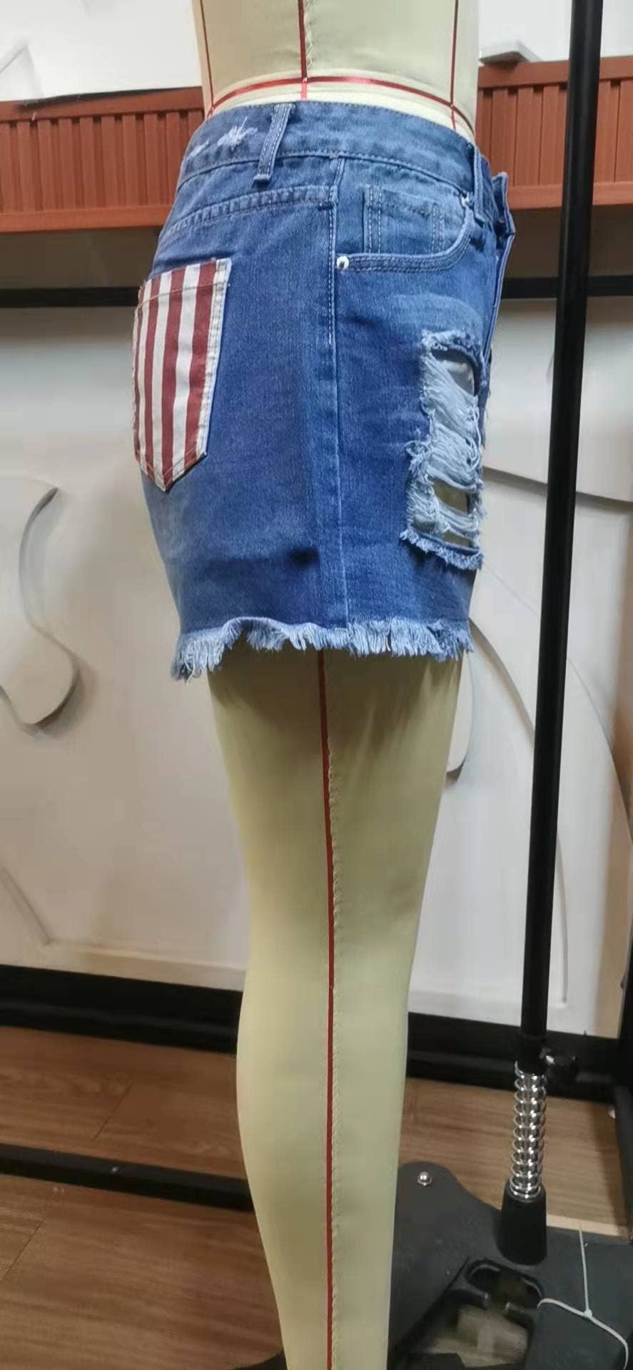 USA Flag Print Distressed Button Fly Denim Shorts