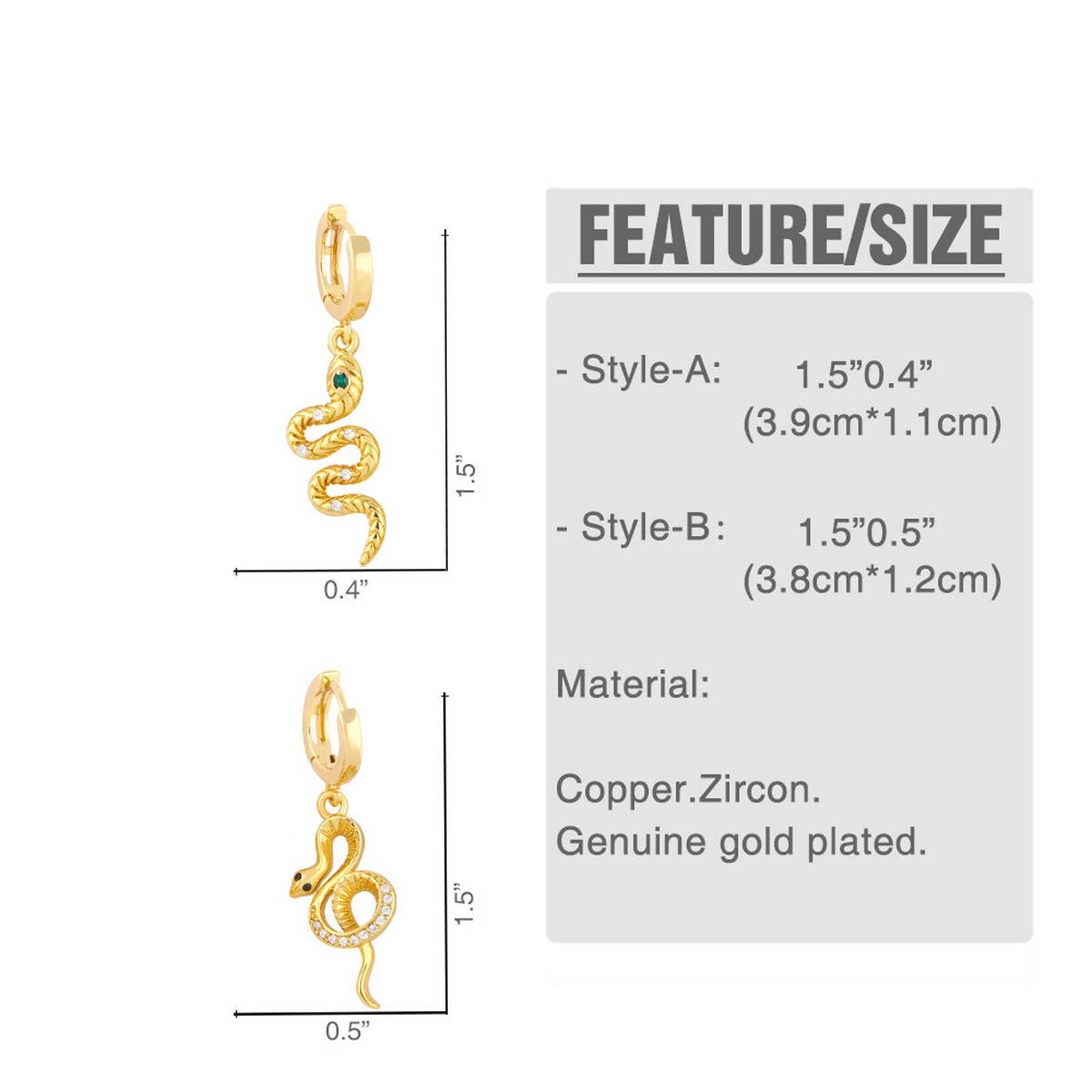 INLAID ZIRCON SNAKE SHAPED PENDANT EARRINGS