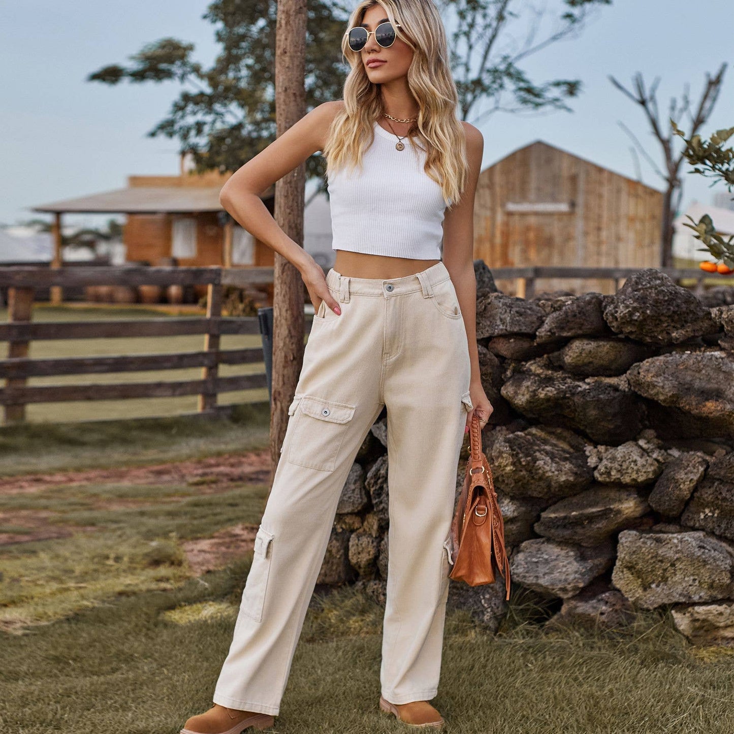 Semi-elastic personalized denim cargo pants