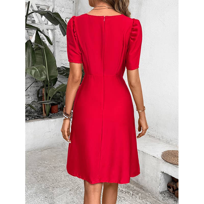 Solid color round neck mid-length dress