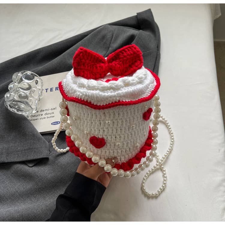 Personalized cake-shaped pearl chain knitted bag