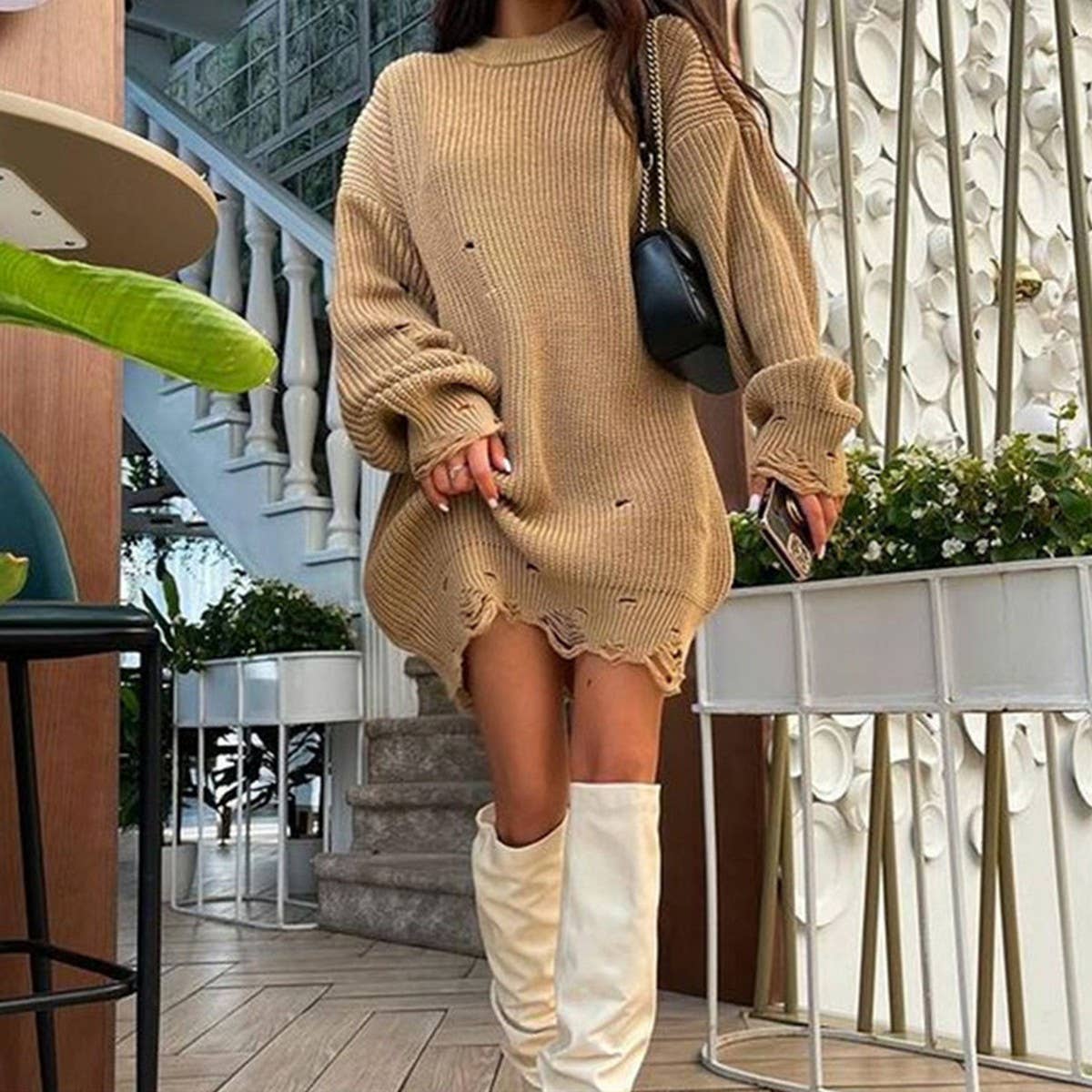 Women's Loose Fit Distressed Knit Sweater
