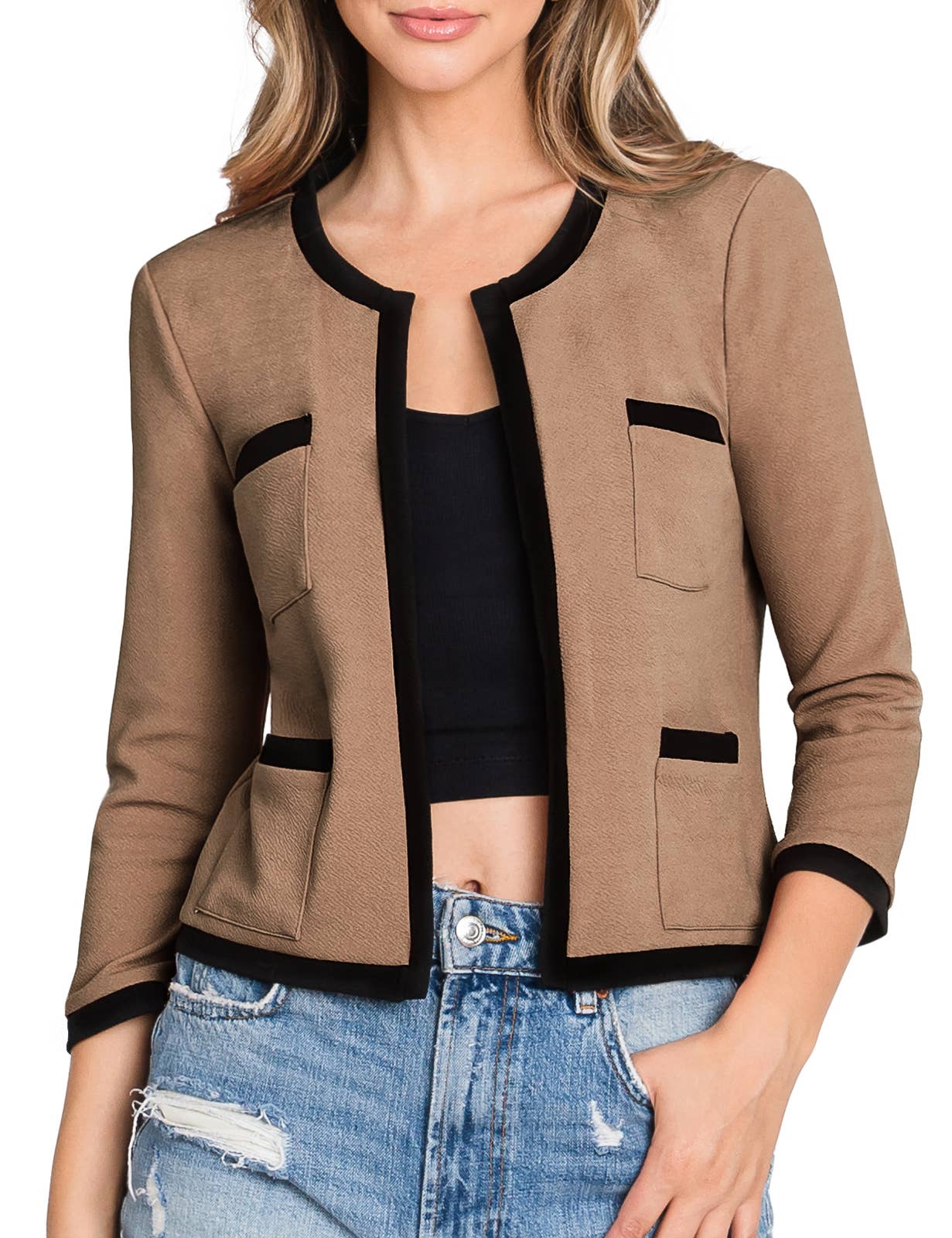 CWOBL103_3/4 Sleeve Bolero Open Front Cardigan