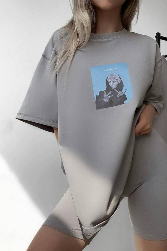 Cwtts1281_Cotton Printed Loose Casual Short Sleeves