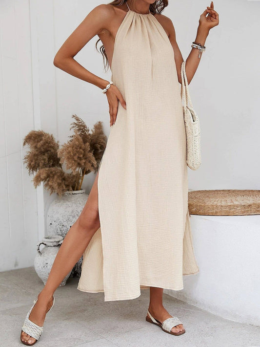 Relaxed Backless Halter Dress for Beach Vacation