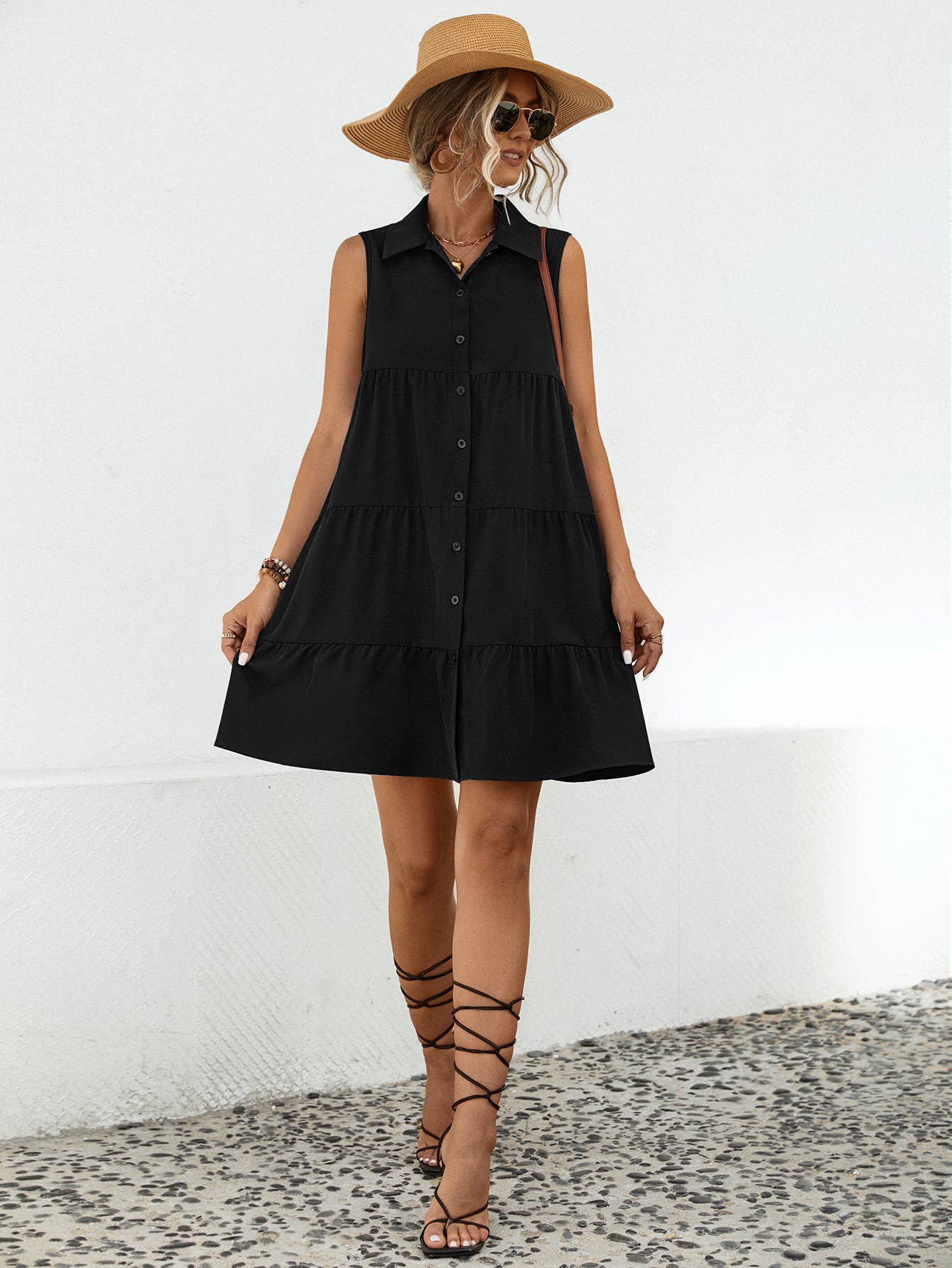 LAPEL PATCHWORK SLEEVELESS SOLID COLOR DRESS