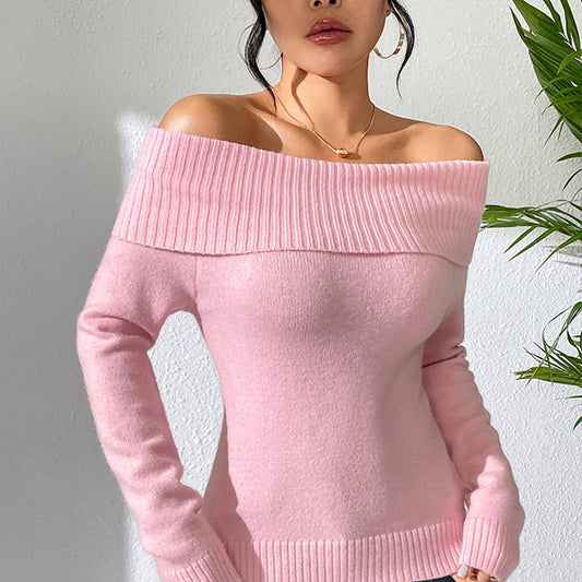 Slim-fit lapel solid color one-line shoulder sweater