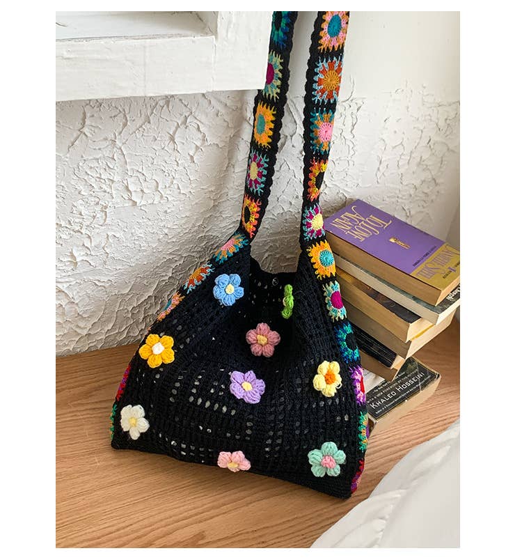 Ethnic-style artistic flower patchwork knit bag