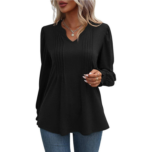 Long sleeve T-shirt with puff sleeves and V-neck