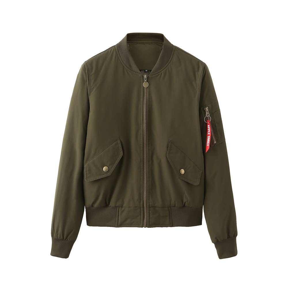 SOLID COLOR ZIPPER BOMBER JACKET