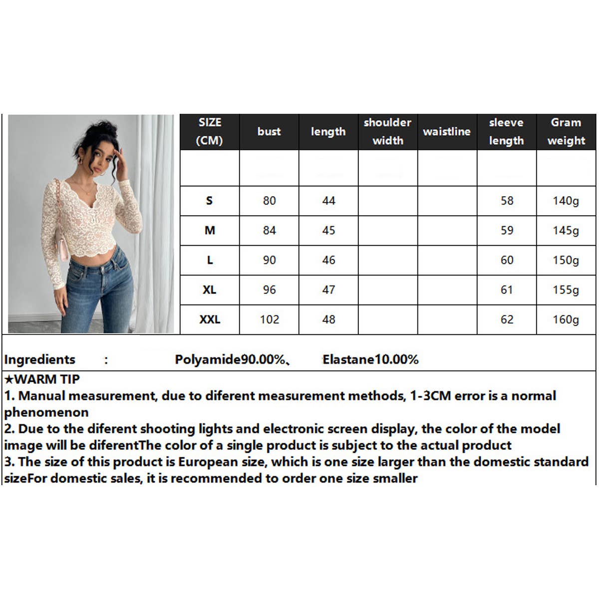 Solid-color sexy lace V-neck long-sleeved T-shirt