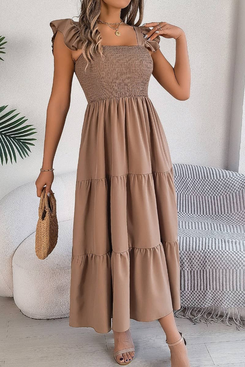 CWDMD2662_A-LINE DRESS WITH SQUARE COLLAR WOODEN EAR EDGE